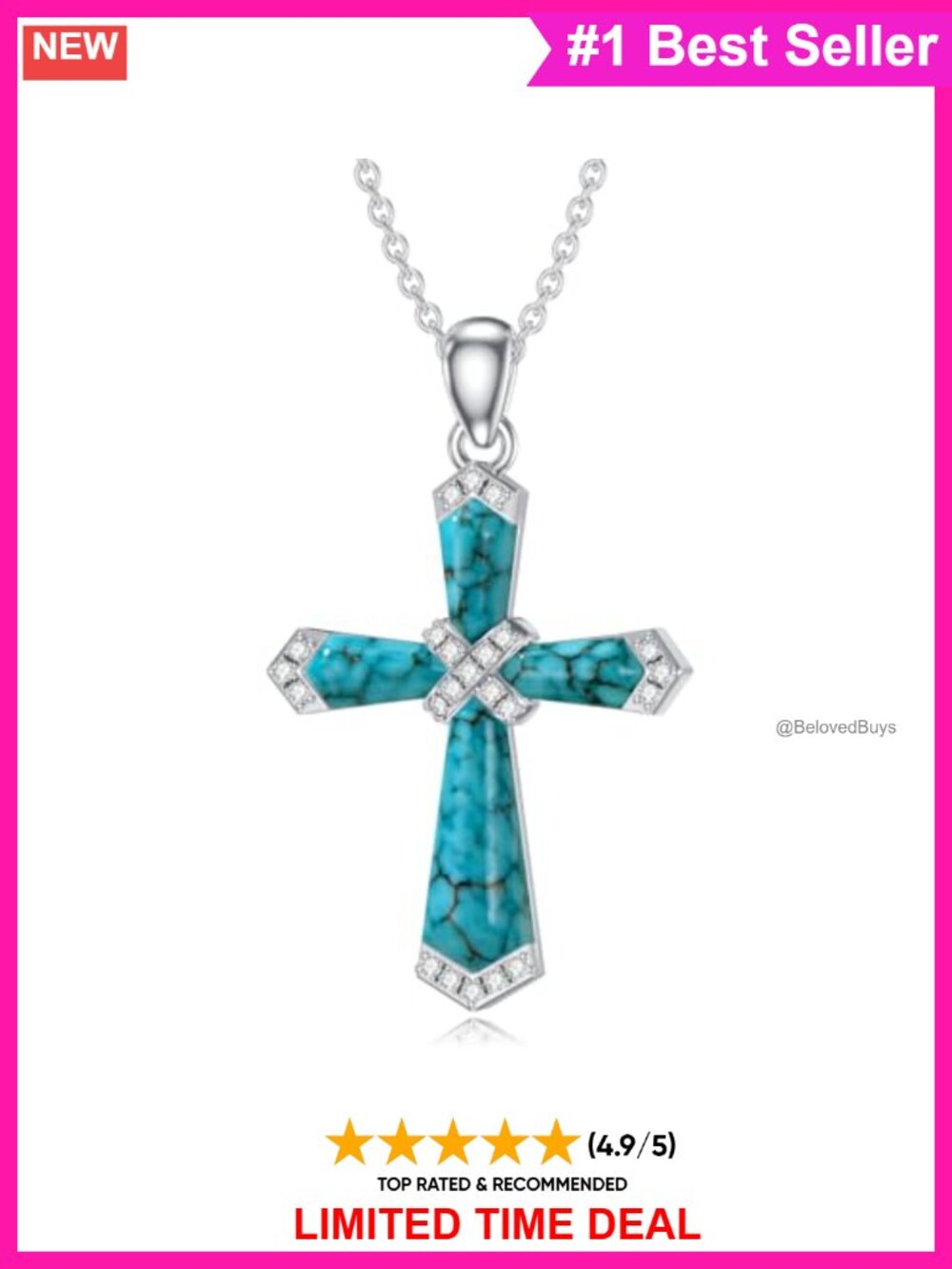 925 Sterling Silver Natural Turquoise Cross Pendant Necklace 18 Inch